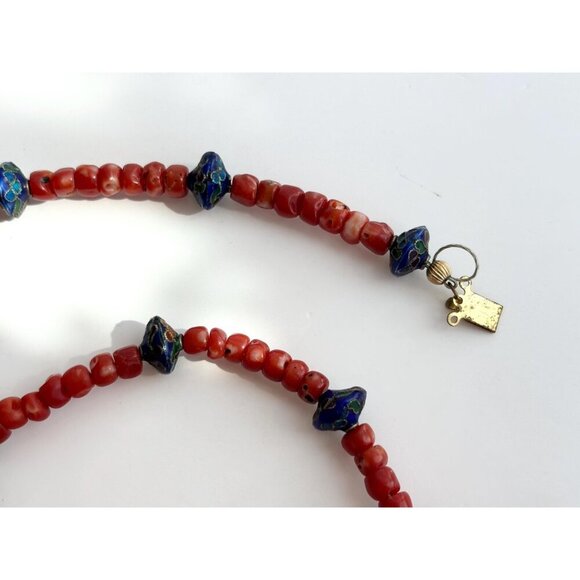 Coral & Blue Cloisonne Floral Beaded Vintage Sterling Silver 925 Necklace 15.5" - Picture 3 of 10
